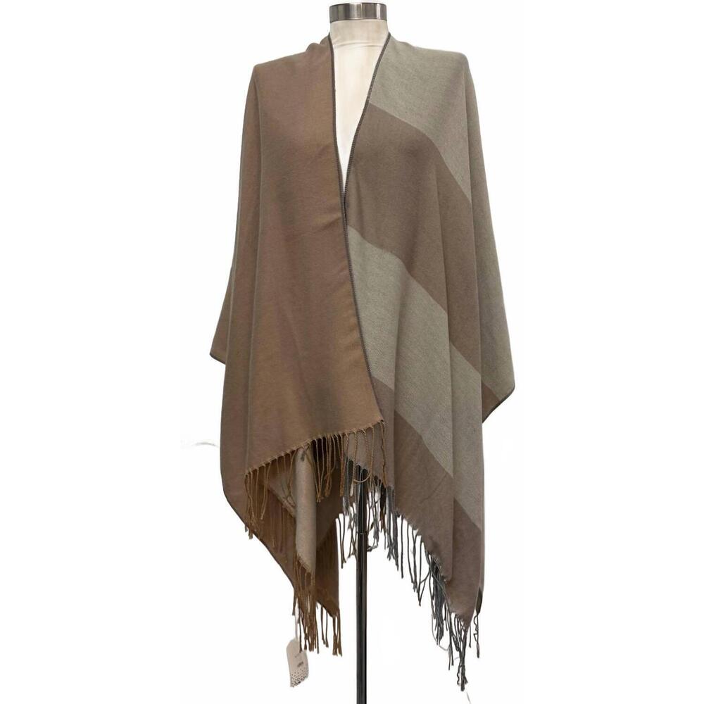 NEW 2 CHIC women's shawl cape with fringe details in caramel